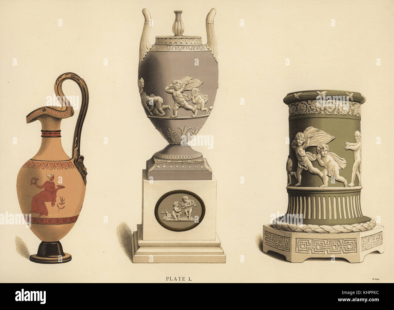 Design-étrusque, vase, vase sur socle avec les reliefs d'enfants jouant Blindman's Buff, et pilier-form vase avec reliefs d'enfants jouant Blindman's Buff. Chromolithographie par W. Griggs de Frederick Rathbone's Old Wedgwood, la céramique artistique ou décoratif travail produit par Josiah Wedgwood, Quaritch, Londres, 1898. Banque D'Images