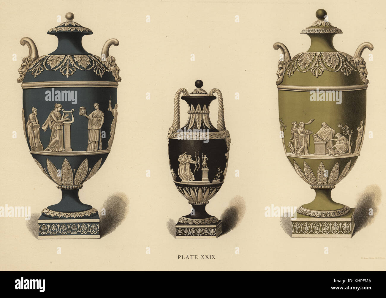 Vase avec reliefs des neuf Muses, nymphes comme archers et les nymphes. Chromolithographie par W. Griggs de Frederick Rathbone's Old Wedgwood, la céramique artistique ou décoratif travail produit par Josiah Wedgwood, Quaritch, Londres, 1898. Banque D'Images