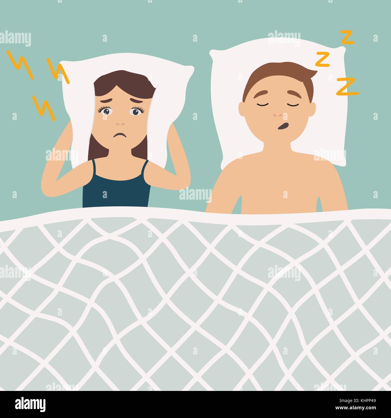 Le ronflement homme au lit avec une femme en colère réveiller. des troubles du sommeil. mode de vie malsain. Illustration de Vecteur