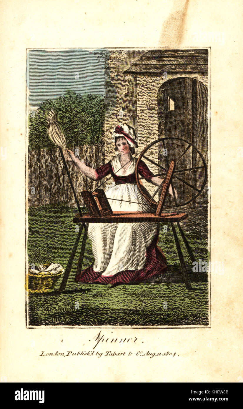 Femme en bonnet et tablier Bobine fil de laine filature sur une machine à  filer. Gravure sur bois coloriée du livre de l'anglais et les métiers de la  Bibliothèque des arts utiles,