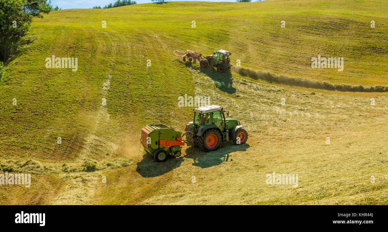 La fenaison sur une colline avec des rangées de foin, une faneuse et un chargeur de foin Banque D'Images