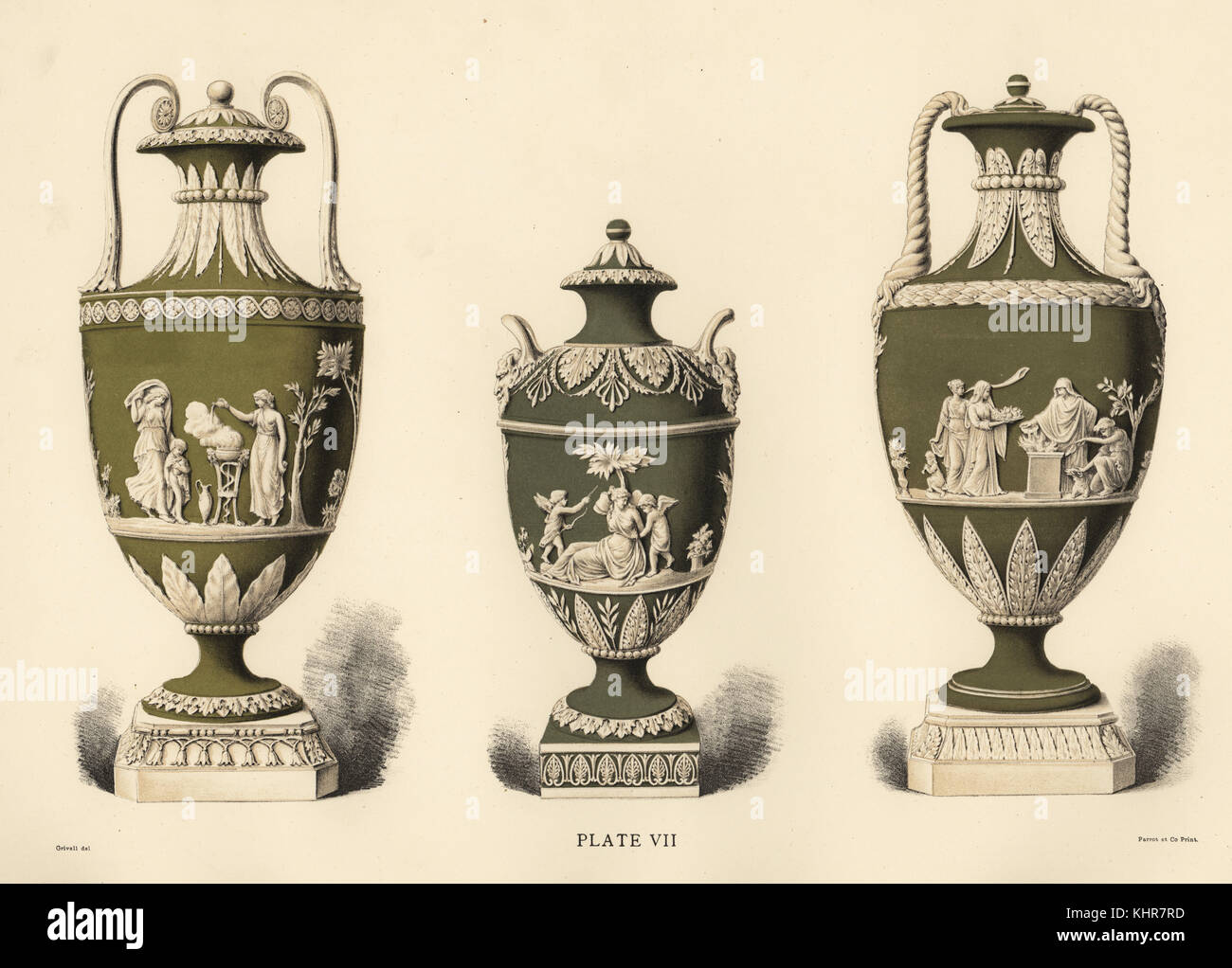 Trois vases montrant reliefs par Lady Templeton, Vénus lié par les déesses et putti Pomona et de flore. Chromolithographie dessiné par Grivell et lithographiés par Parrot et Co. de Frederick Rathbone's Old Wedgwood, la céramique artistique ou décoratif travail produit par Josiah Wedgwood, Quaritch, Londres, 1898. Banque D'Images