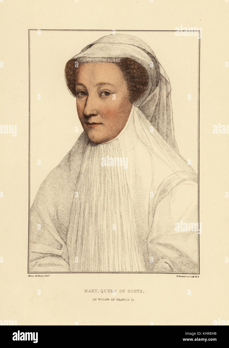 Marie, Reine d'Écosse, ou Marie Stuart (1542-1567). La gravure sur cuivre coloriée par Francis Bartolozzi après Hans Holbein à partir de fac-similés de dessins originaux de Hans Holbein, Hamilton, Adams, Londres, 1884. Banque D'Images