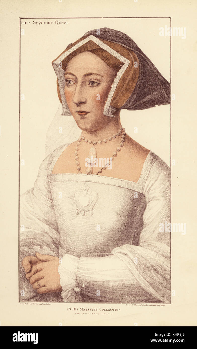 Jane Seymour, reine d'Angleterre, épouse du Roi Henry VIII, fille de Sir John Seymour, mère du roi Édouard VI. La gravure sur cuivre coloriée par Francis Bartolozzi après Hans Holbein à partir de fac-similés de dessins originaux de Hans Holbein, Hamilton, Adams, Londres, 1884. Banque D'Images