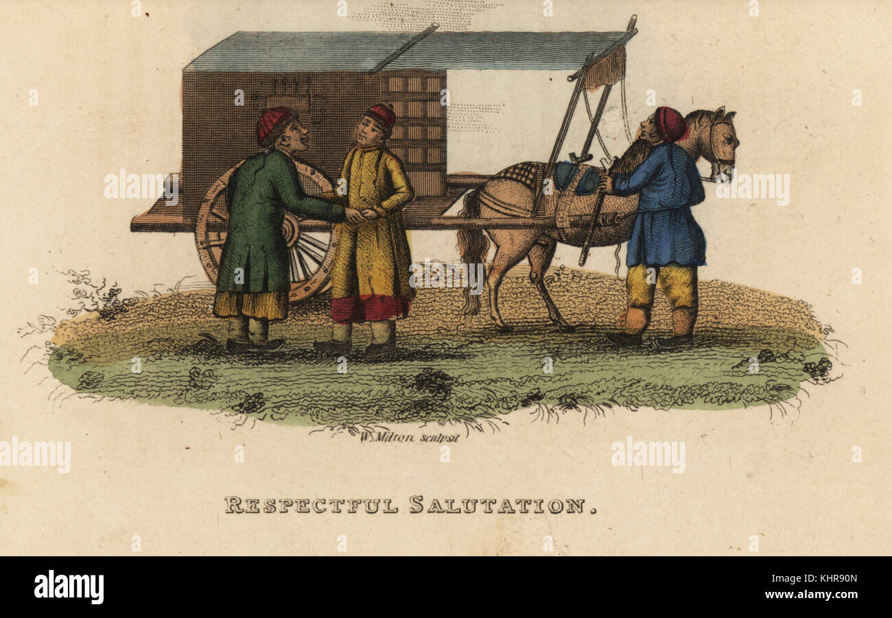 Les jeunes Chinois quittant son chariot pour saluer un ami de son père, la Dynastie Qing. La gravure sur cuivre coloriée par Andrea Freschi après Antoine Cardon de Henri-Leonard-Jean-Baptiste Bertin et Jean Baptiste Joseph Breton's la Chine, ses costumes, Arts, Manufactures, etc., Howlett et Brimmer, Londres, 1824. Banque D'Images