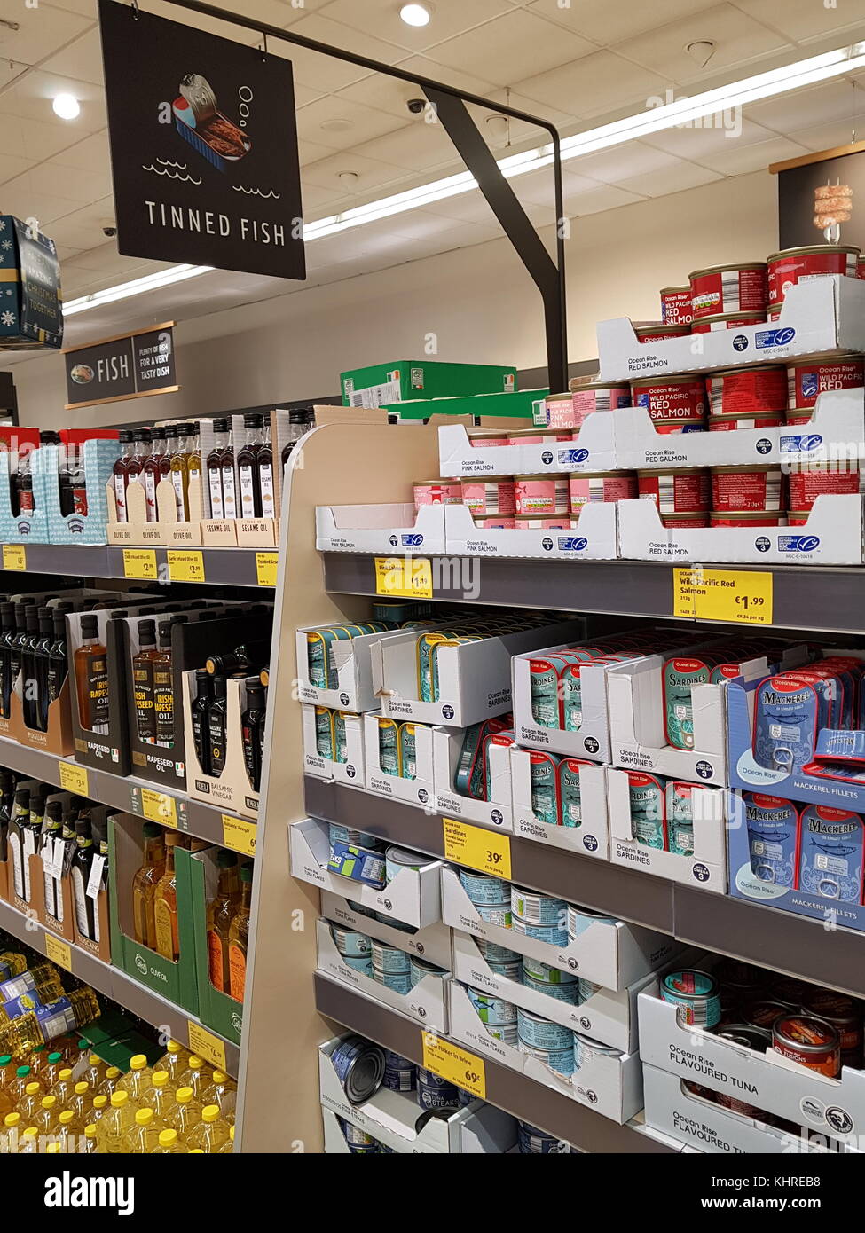Ennis, Irlande - 17 novembre 2017 : magasin Aldi dans le comté d'Ennis Clare, Irlande. Sélection de divers poissons irlandais en conserve Banque D'Images