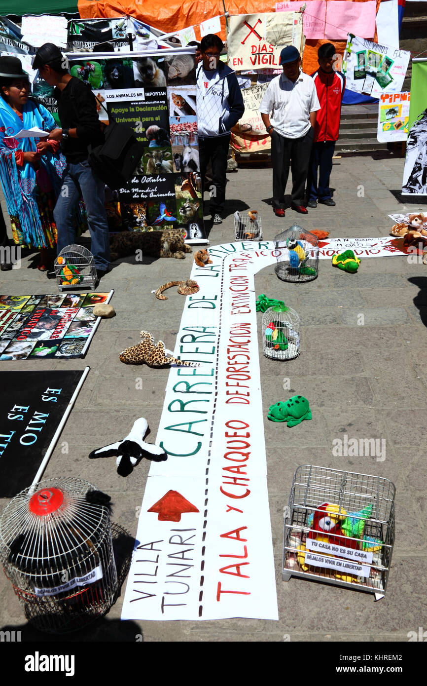 Des activistes protestent contre les plans du gouvernement de construire une route à travers la région TIPNIS, La Paz, Bolivie Banque D'Images