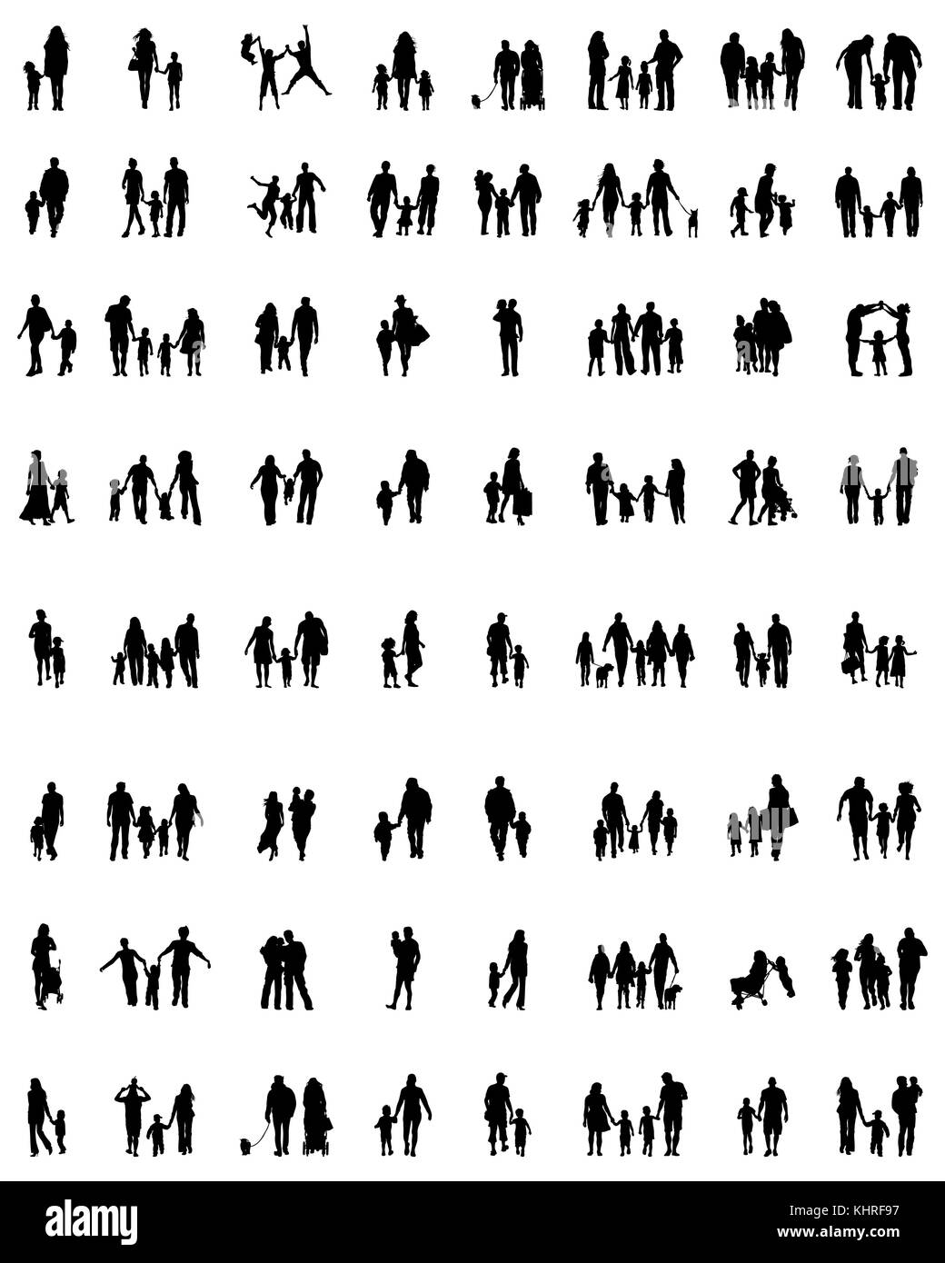 Silhouettes noires des familles en marchant sur un fond blanc Banque D'Images