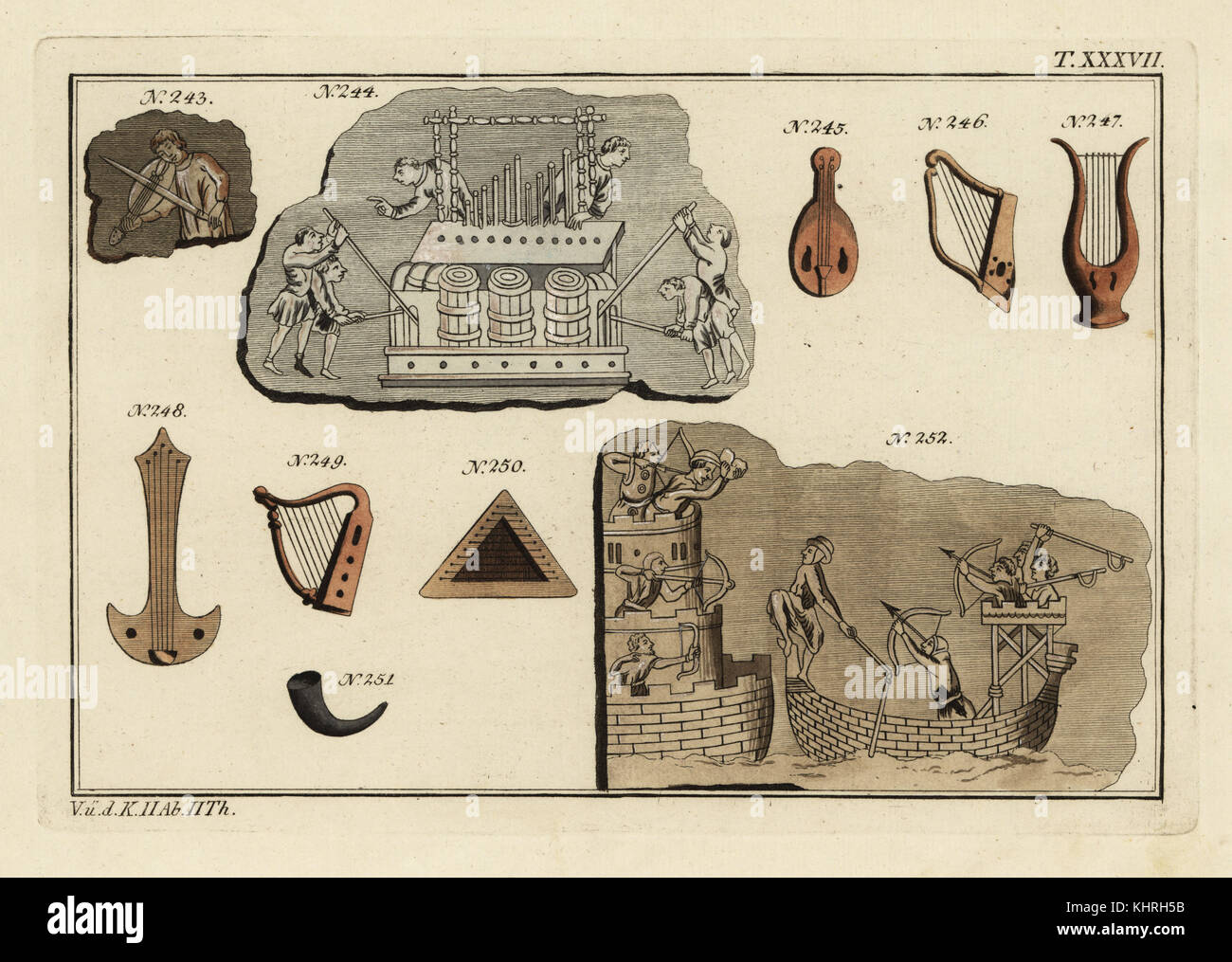 Norman instruments : violons 243, 245, 244, un orgue à tuyaux, les harpes, 246 249 247 248 lyre, cithare, luth, cor de chasse 251 250, et siège d'un château par les archers et les soldats sur un bateau 252. Coloriée à la gravure sur cuivre de Robert von Spalart Photo historique des costumes des principaux peuples de l'Antiquité et du Moyen Âge, Chez Collignon, Metz, 1810. Banque D'Images