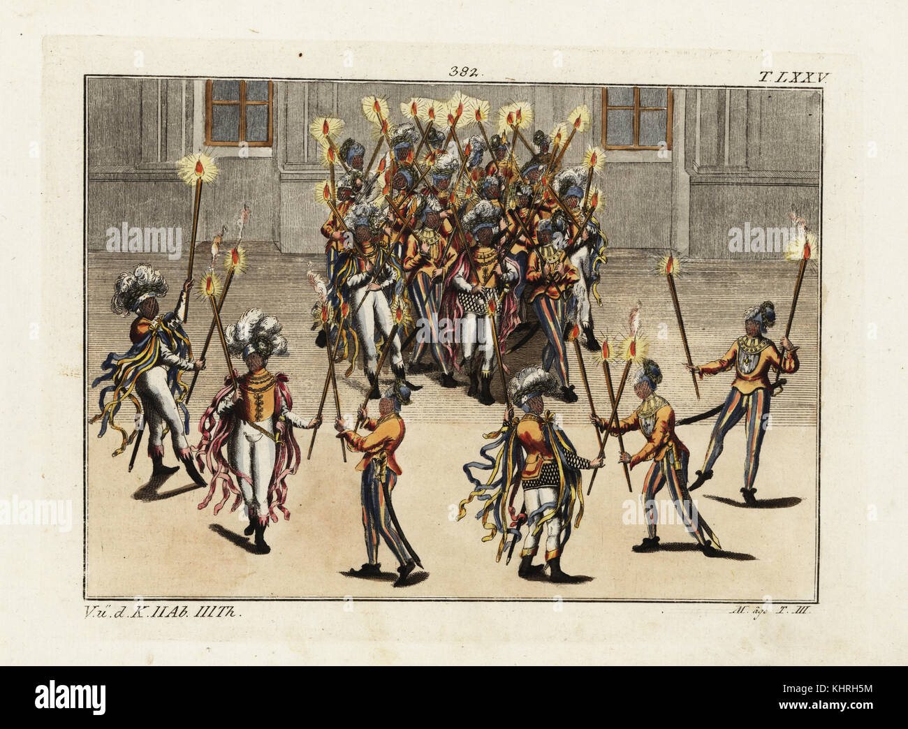 Chevaliers d'effectuer la danse de la flamme (Fackeltanz). Ils portent des casques à plumes, masque de visage et courts avec des rubans de l'épaule. De Hans Burgkmair, Triomphe de l'Empereur Maximilien I, 1526. Chevaliers d'effectuer la danse de la flamme (Fackeltanz). Ils portent des casques à plumes, masque de visage et courts avec des rubans frmo l'épaule. De Hans Burgkmair, Triomphe de l'Empereur Maximilien I, 1526. Banque D'Images