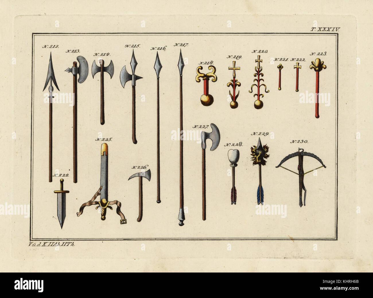 Armes : lance 212 Norman, Gisarma ou hallebarde 213, Bipennis ou double hache hache de guerre, 214 215 226, 227, 216, joutes spear spear 217, cross-orb ou roulement Reichsapfel 218-220, 221-223, 224 sceptres dague, épée, flèche avec 225 228 fiole, flèche avec tête ornée 229 et 230 de l'arbalète. Coloriée à la gravure sur cuivre de Robert von Spalart Photo historique des costumes des principaux peuples de l'Antiquité et du Moyen Âge, Chez Collignon, Metz, 1810. Banque D'Images