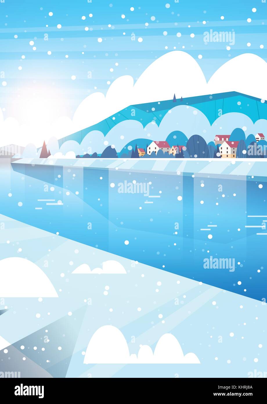 Nature Paysage d'hiver maisons sur frozen River Hills et de chute de neige Illustration de Vecteur