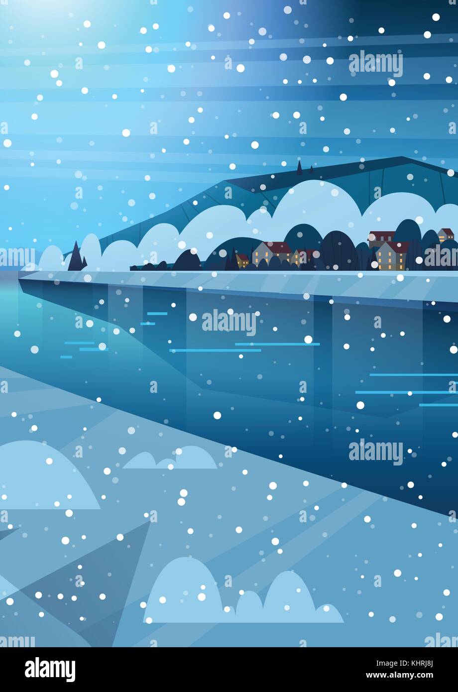 Nuit paysage d'hiver Maisons de village près de mountain Hills et la rivière ou le lac gelé Illustration de Vecteur