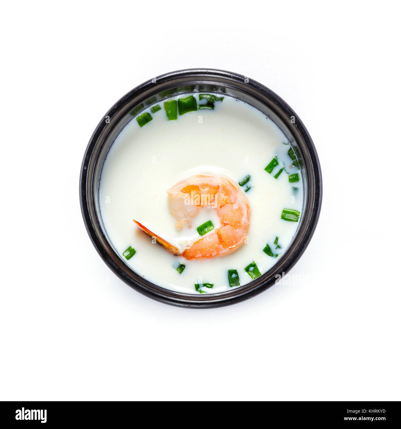 Soupe Asiatique aux crevettes et lait de coco, vue d'en haut Banque D'Images