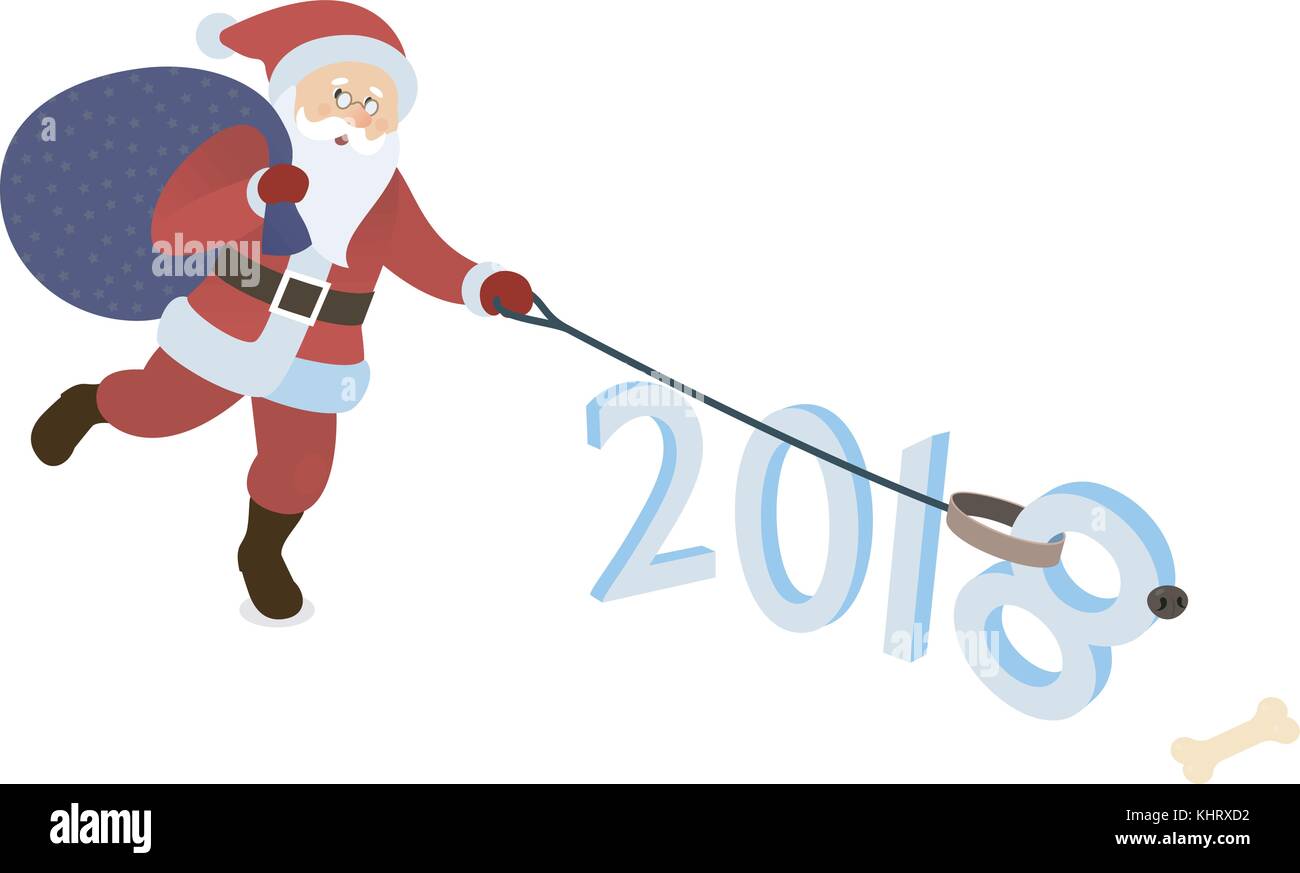 Santa Claus Playing with dog. santa avec patte chien isolé. santa donne un os à son animal de compagnie. chien comme un symbole de la nouvelle année 2018. Illustration de Vecteur