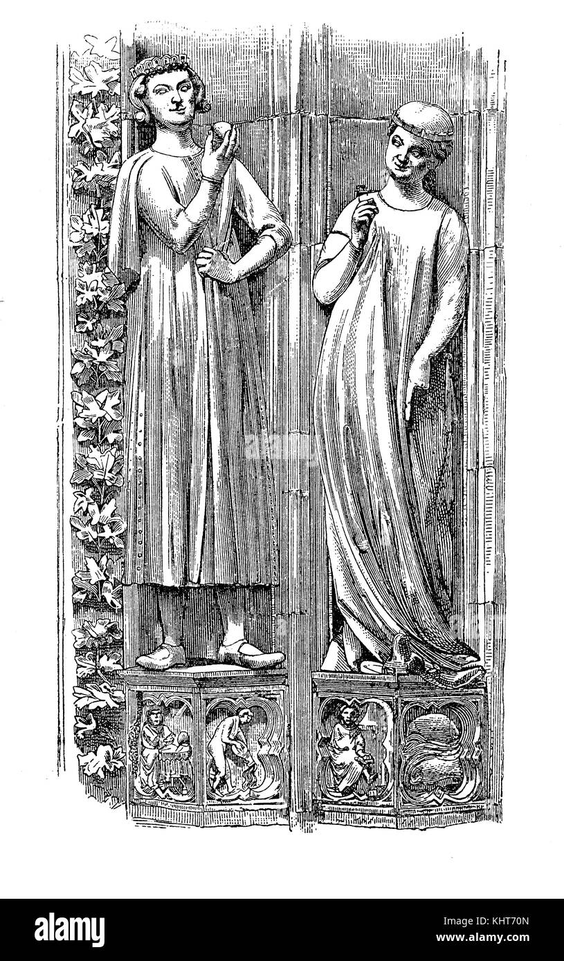 Gravure vintage. De la cathédrale de Strasbourg en France : détail des sculptures sur la façade. L'église a été construite dans le style roman et gothique et décorée avec des milliers de figures sculptées, achevée au XV siècle. Banque D'Images