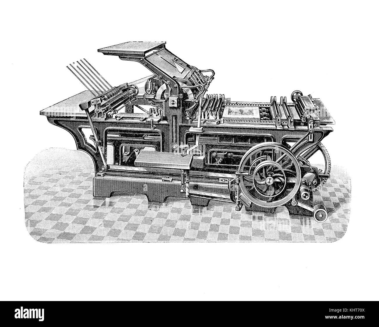 Machine de presse à imprimer Hugo Koch pour la production d'impression et d'édition, illustration du XIXe siècle Banque D'Images
