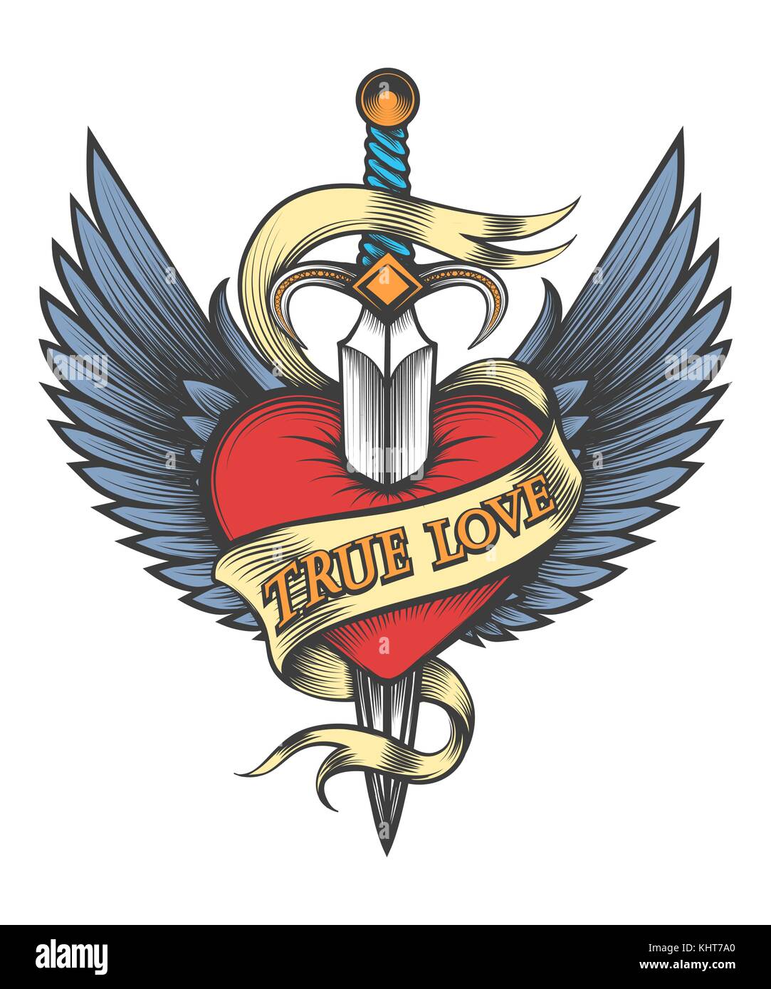 Coeur avec des ailes percé par dagger et ruban avec lettrage vrai amour dessiné dans le style de tatouage vecteur illustartion. Illustration de Vecteur
