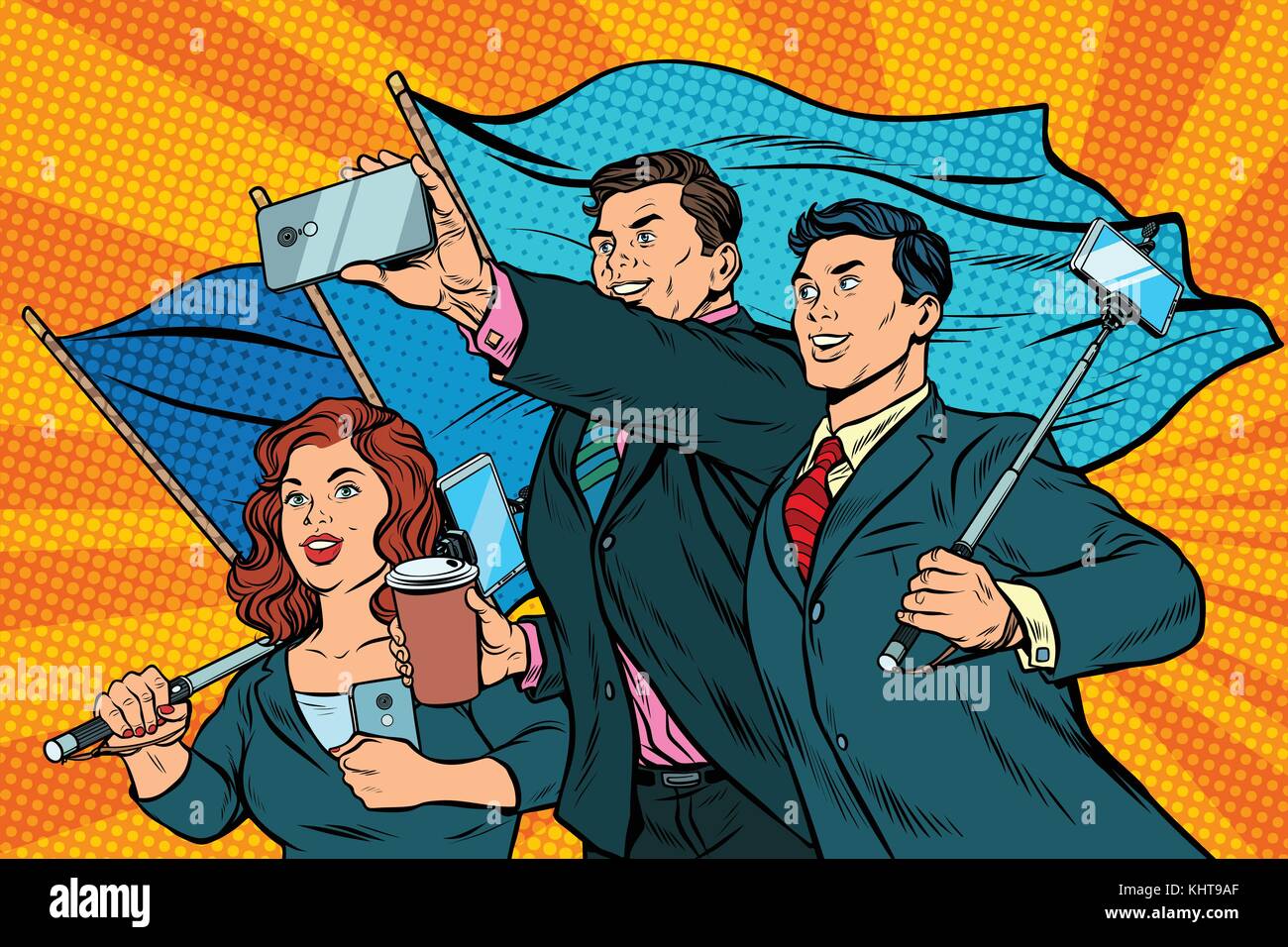 Les hommes d'affaires avec les smartphones et les drapeaux, le réalisme socialiste de l'affiche. pop art retro vector illustration Illustration de Vecteur