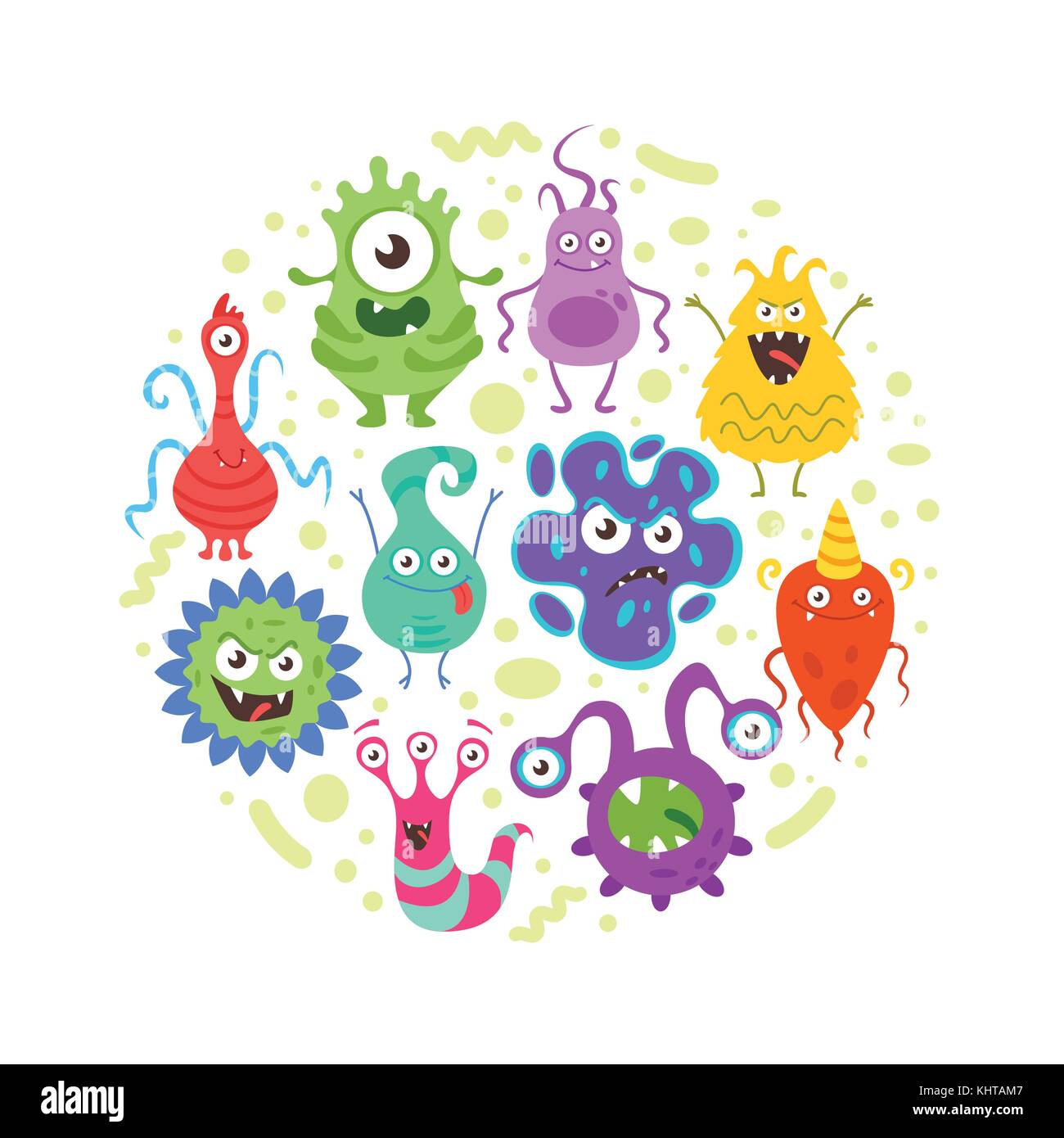 Vector cartoon style circle composition de personnages colorés bactéries drôle. bons et mauvais microbes flore. isolé sur fond blanc. Illustration de Vecteur