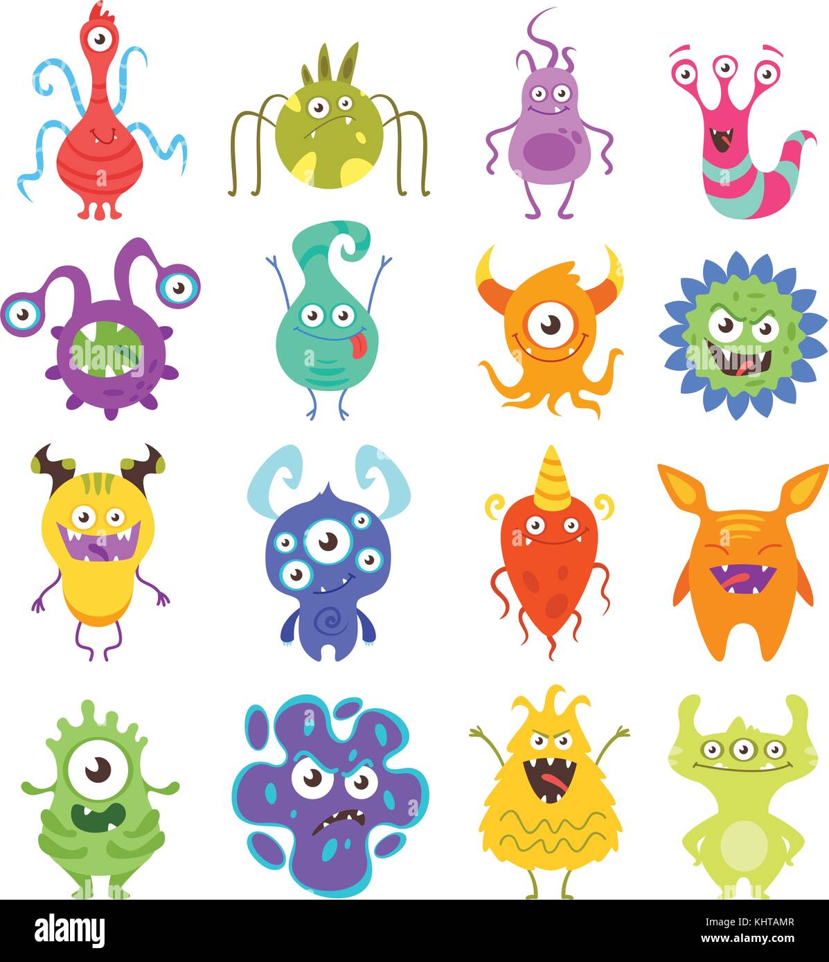 Vector cartoon style jeu de caractères colorés bactéries drôle. mauvaise et bonne flore microbes. isolé sur fond blanc. Illustration de Vecteur