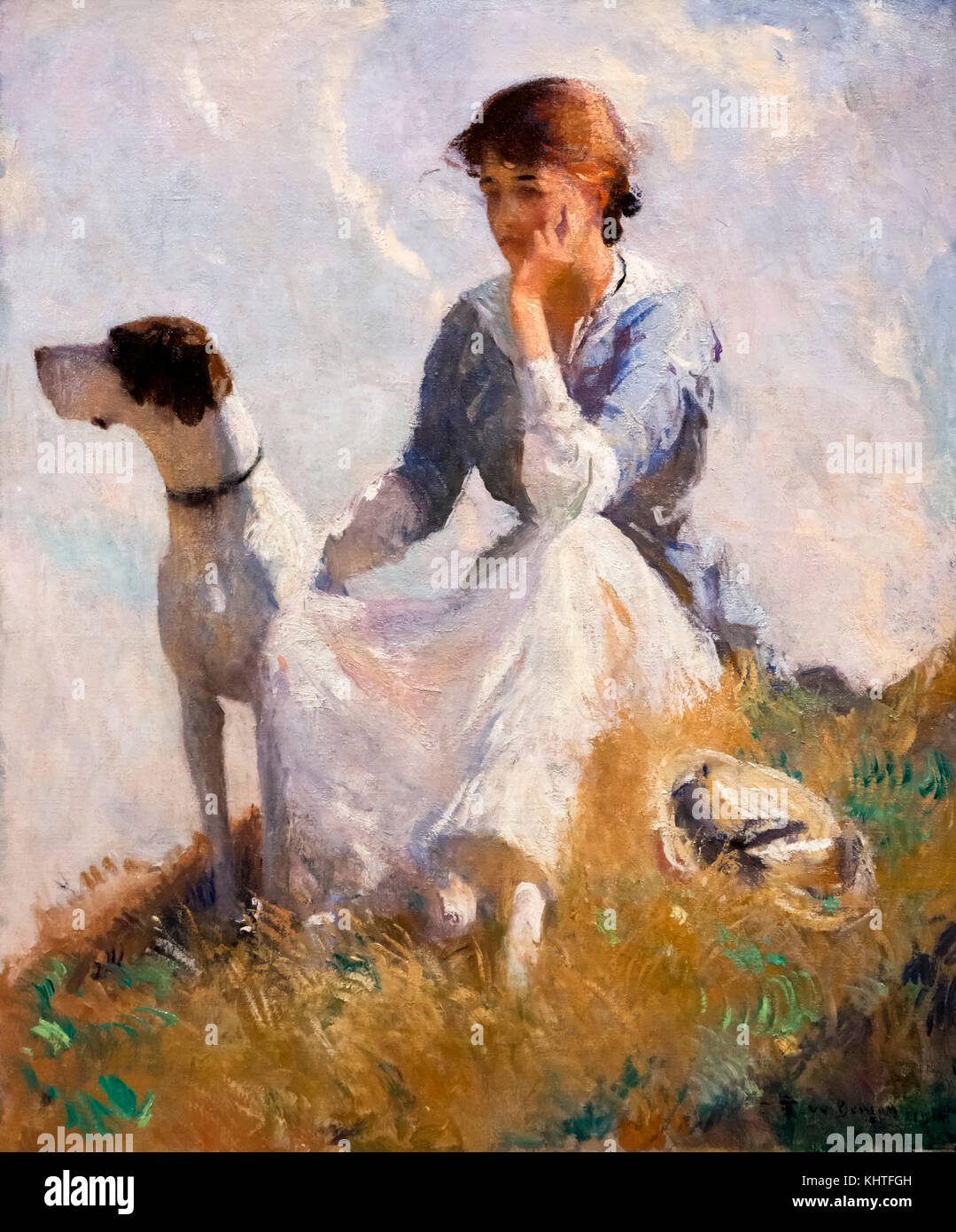 Fille avec un chien par Frank Weston Benson (1862-1951), huile sur toile, 1914 Banque D'Images