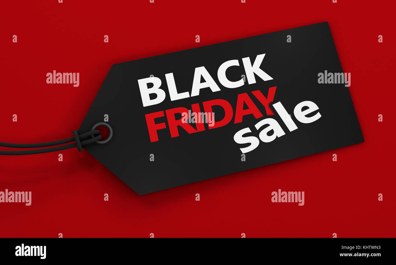 Vendredi noir Thanksgiving jour et Noël shopping vente prix étiquette sur fond rouge concept 3d illustration. Banque D'Images