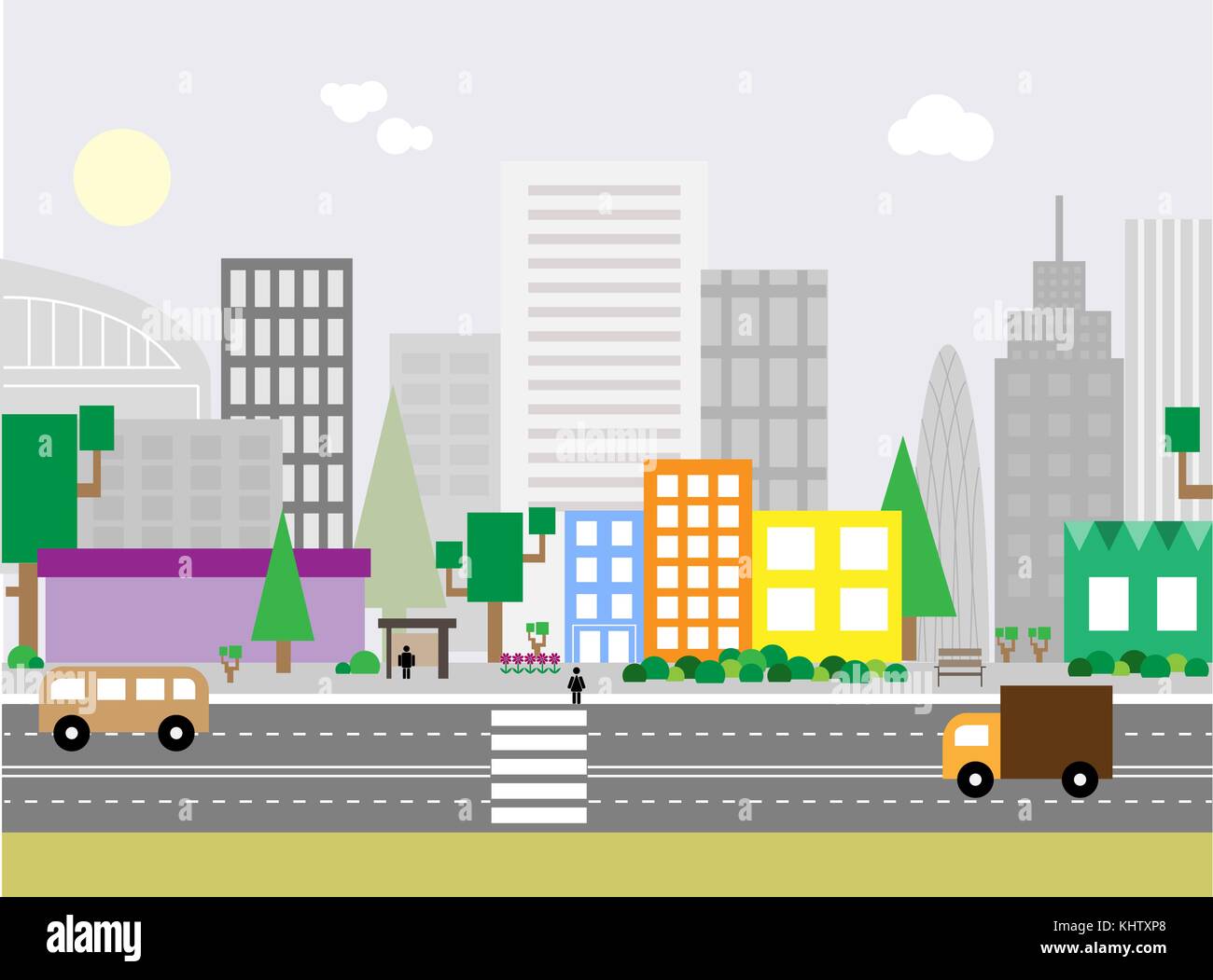 Modèle plat paysage urbain illustration. rue avec des bâtiments colorés et gratte-ciel à l'arrière-plan Illustration de Vecteur