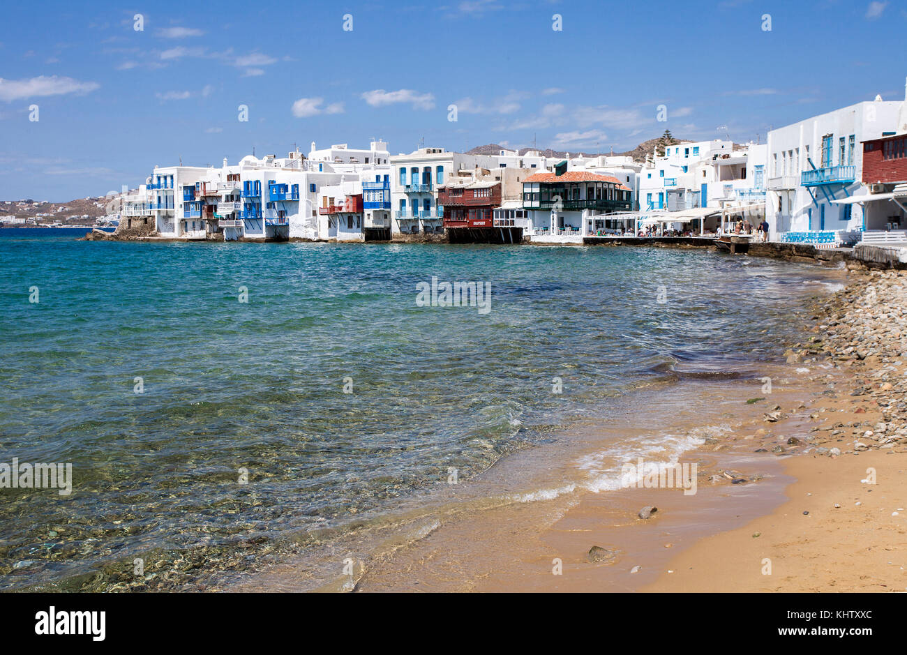 Klein venedig à Mykonos-Stadt, la petite Venise de Mykonos-ville, l'île de Mykonos, Cyclades, Mer Égée, Grèce, Banque D'Images