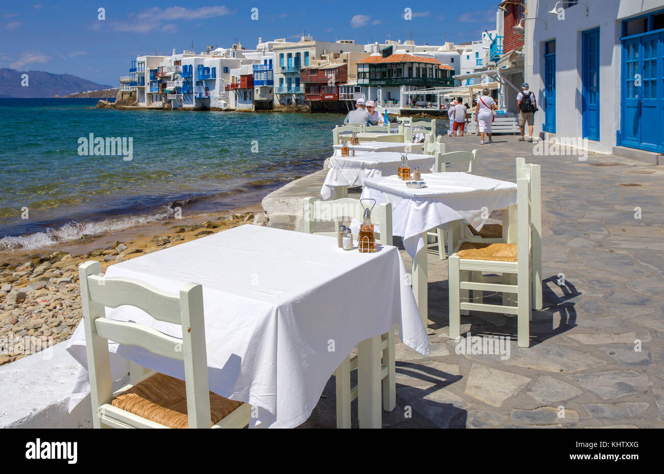 Klein venedig à Mykonos-Stadt, la petite Venise de Mykonos-ville, l'île de Mykonos, Cyclades, Mer Égée, Grèce, Banque D'Images