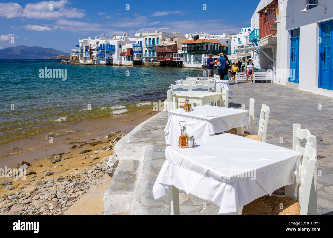 Gastronomie dans la région de klein venedig à Mykonos-Stadt, gastronomie à la petite Venise de Mykonos-ville, l'île de Mykonos, Cyclades, Mer Égée, Grèce, Banque D'Images