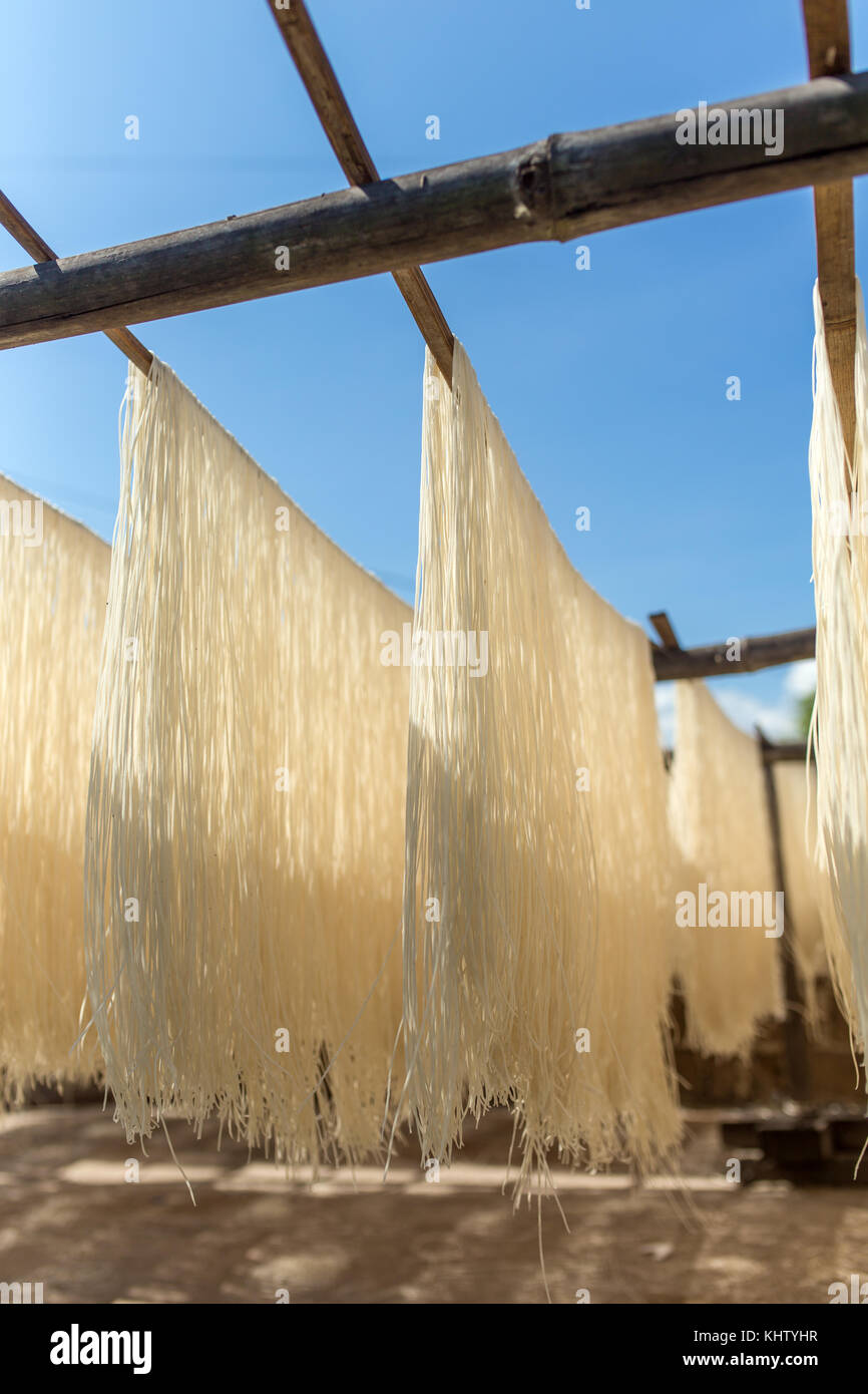 Le séchage des pâtes de riz maison sur sun au Myanmar. Banque D'Images