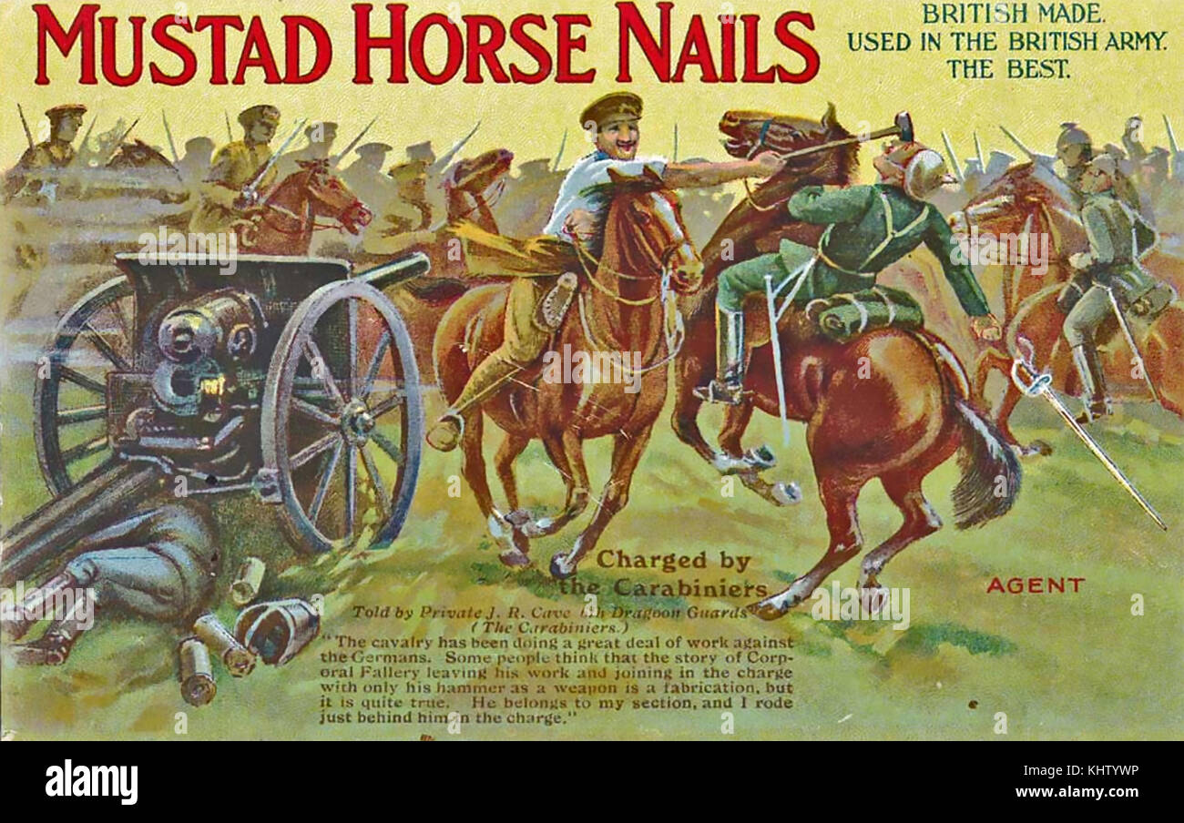 ONGLES DE cheval de Mustad une annonce de la première Guerre mondiale pour les ongles de cheval de Mustad Banque D'Images