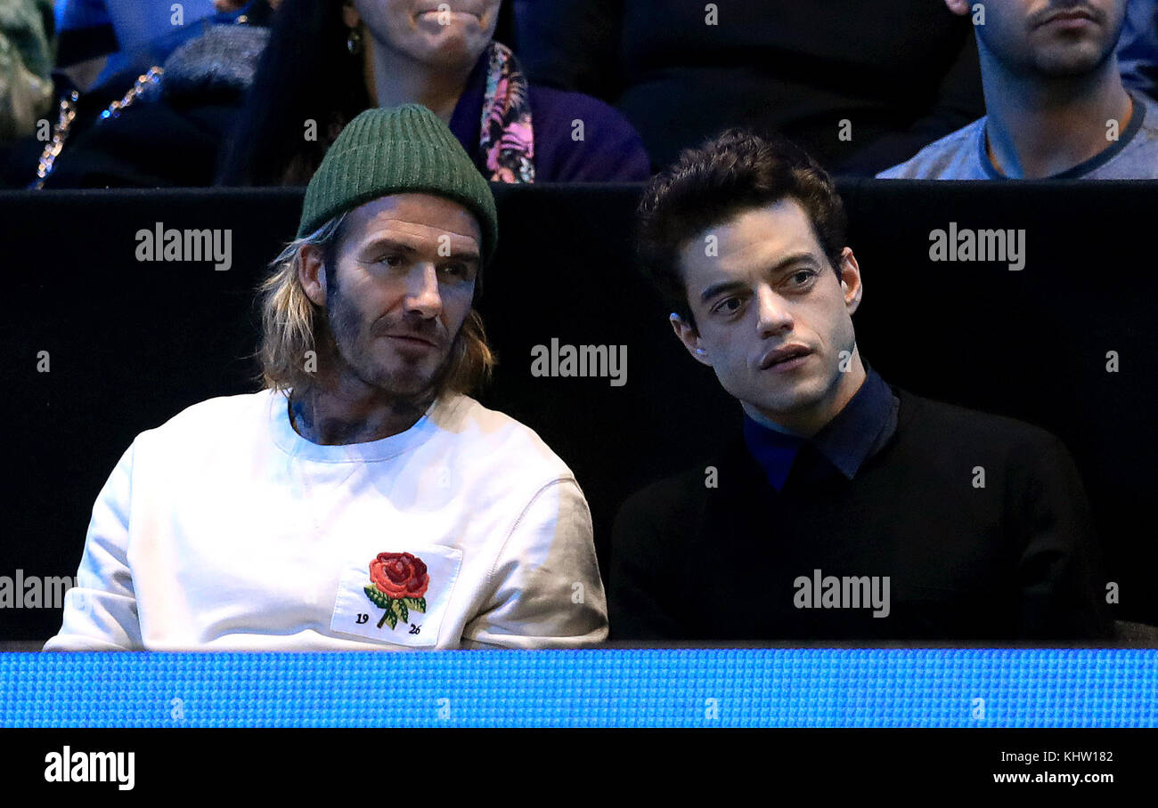 David Beckham et rami malek dans la foule pendant huit jours de la nitto atp world tour finals à l'O2 Arena, Londres. Banque D'Images