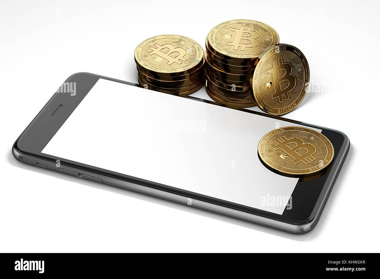 Avec un espace pour l'écran du smartphone design aléatoire entouré de pieux Bitcoin. Isolé sur blanc avec copyspace. Le rendu 3D Banque D'Images