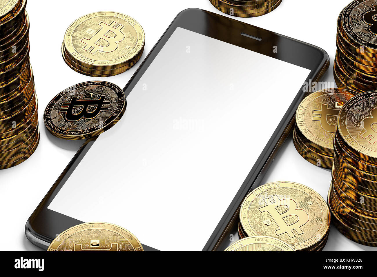 Avec un espace pour l'écran du smartphone design aléatoire entouré de pieux Bitcoin. Isolé sur blanc avec copyspace. Le rendu 3D Banque D'Images