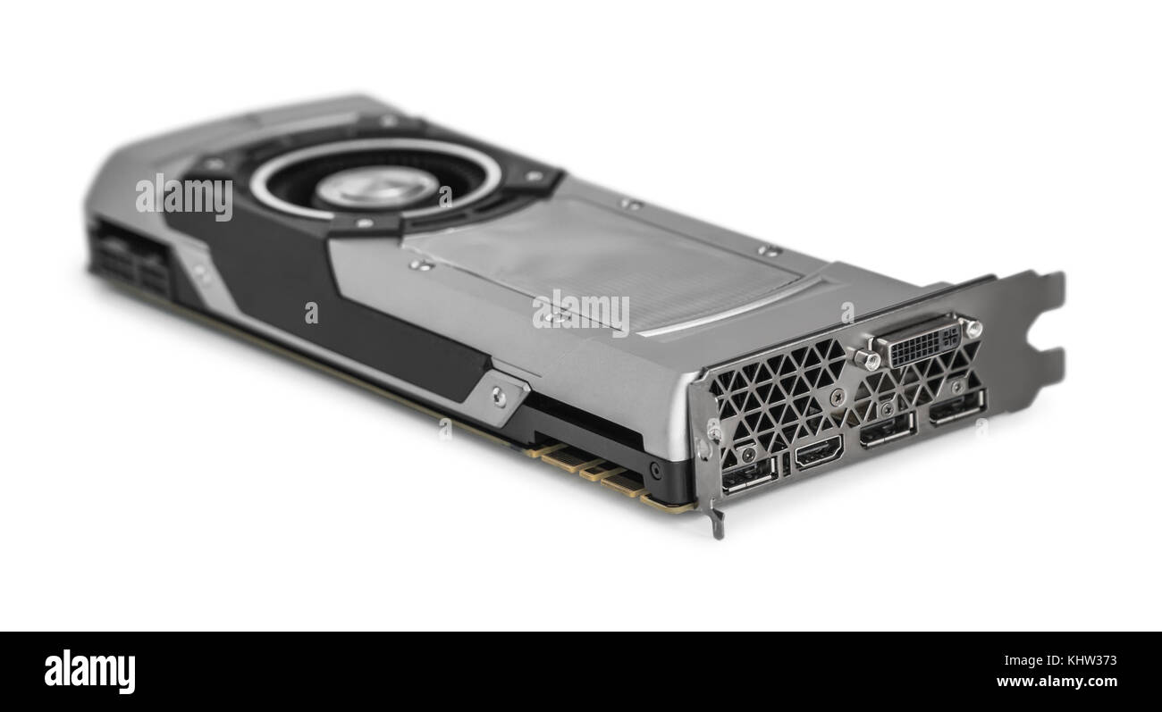 Video carte graphique avec GPU puissant isolé sur fond blanc. peut être utilisée pour extraire cryptocurrencies. photo gros plan avec une faible profondeur de champ. Banque D'Images