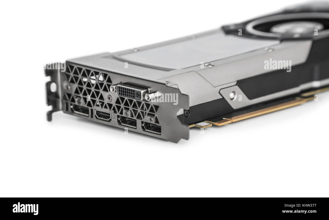 Video carte graphique avec GPU puissant isolé sur fond blanc. peut être utilisée pour extraire cryptocurrencies. photo gros plan avec une faible profondeur de champ. Banque D'Images