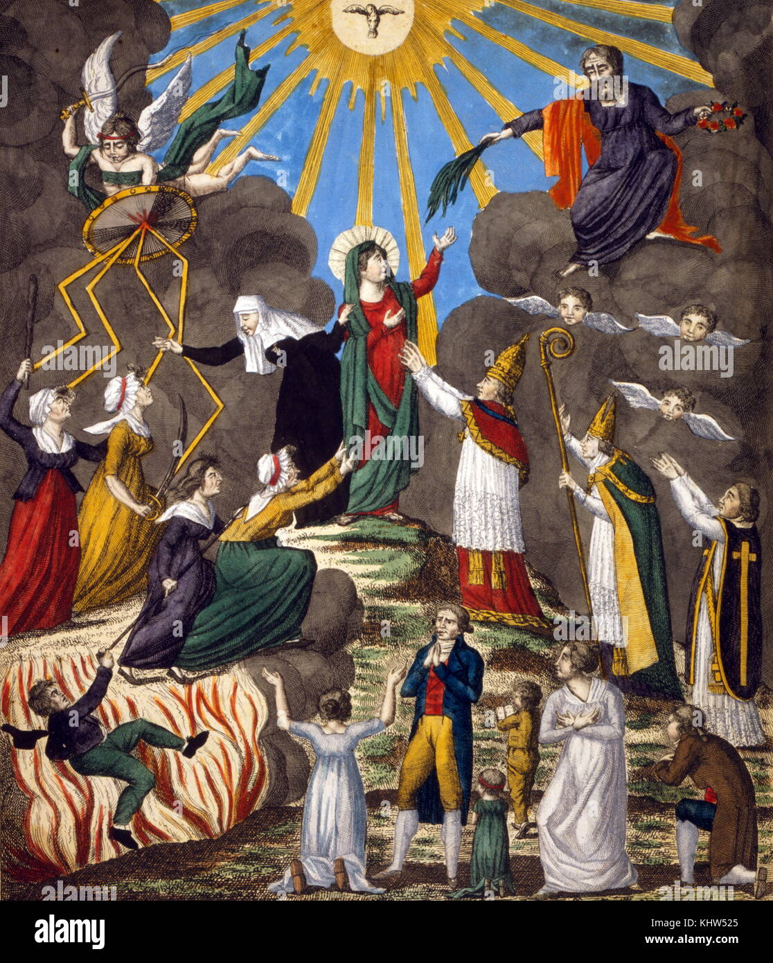 Caricature intitulée 'Le triomphe de la Religion'. La caricature illustre  le pape Pie VII, le cardinal Caprara, et d'autres membres du clergé  (centre-droit) cherchant à recevoir l'esprit de la lumière de l'émettant