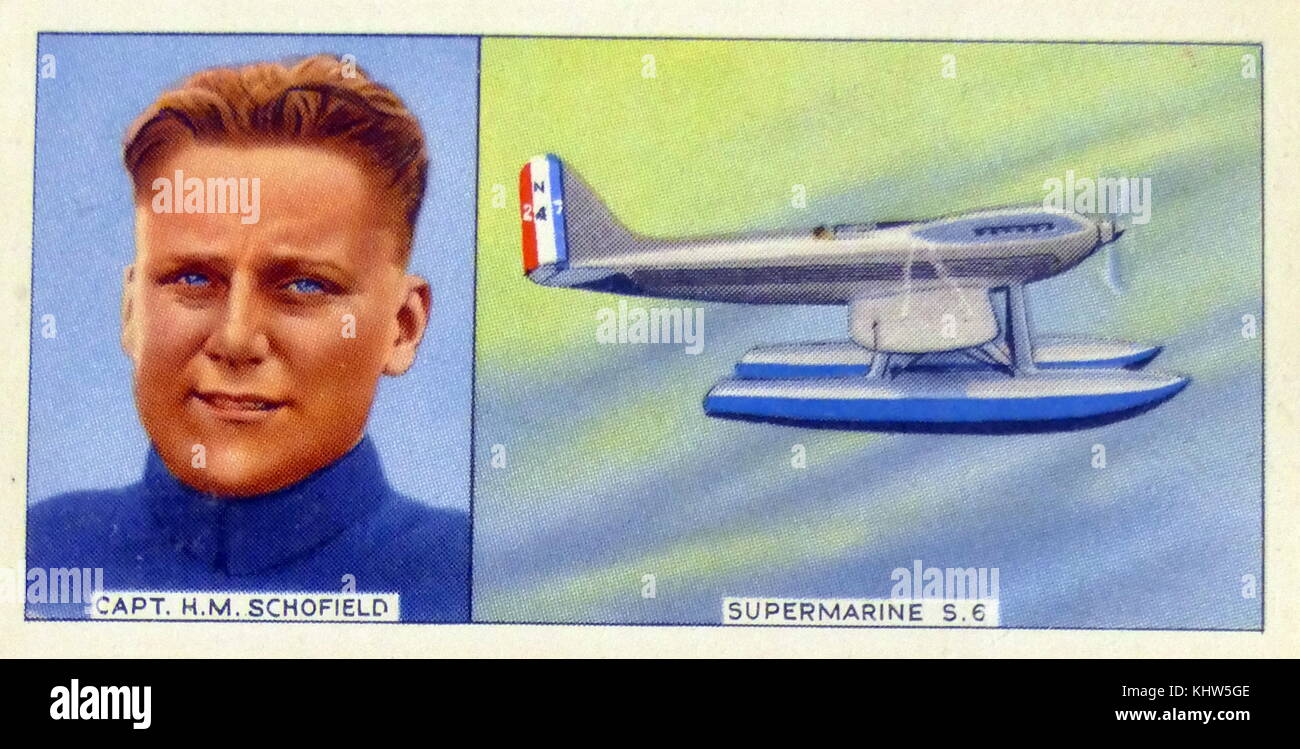 Illustration représentant le Capitaine Harry Methuen Schofield et son Supermarine S. 6 avion. Harry Methuen Schofield (1899-1955) un pilote d'essai britannique qui a participé à la Coupe Schneider en 1927, et vainqueur de la Coupe du Roi 1934 Air Race. En date du 20e siècle Banque D'Images