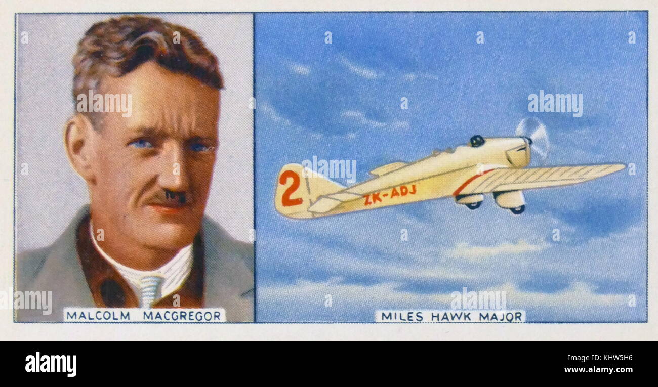 Illustration représentant le Capitaine Malcolm C. McGregor et son avion Miles Hawk Major. Le Capitaine Malcolm C. McGregor (1896-1936) originaire de Nouvelle-Zélande, un as de la Première Guerre mondiale. En date du 20e siècle Banque D'Images