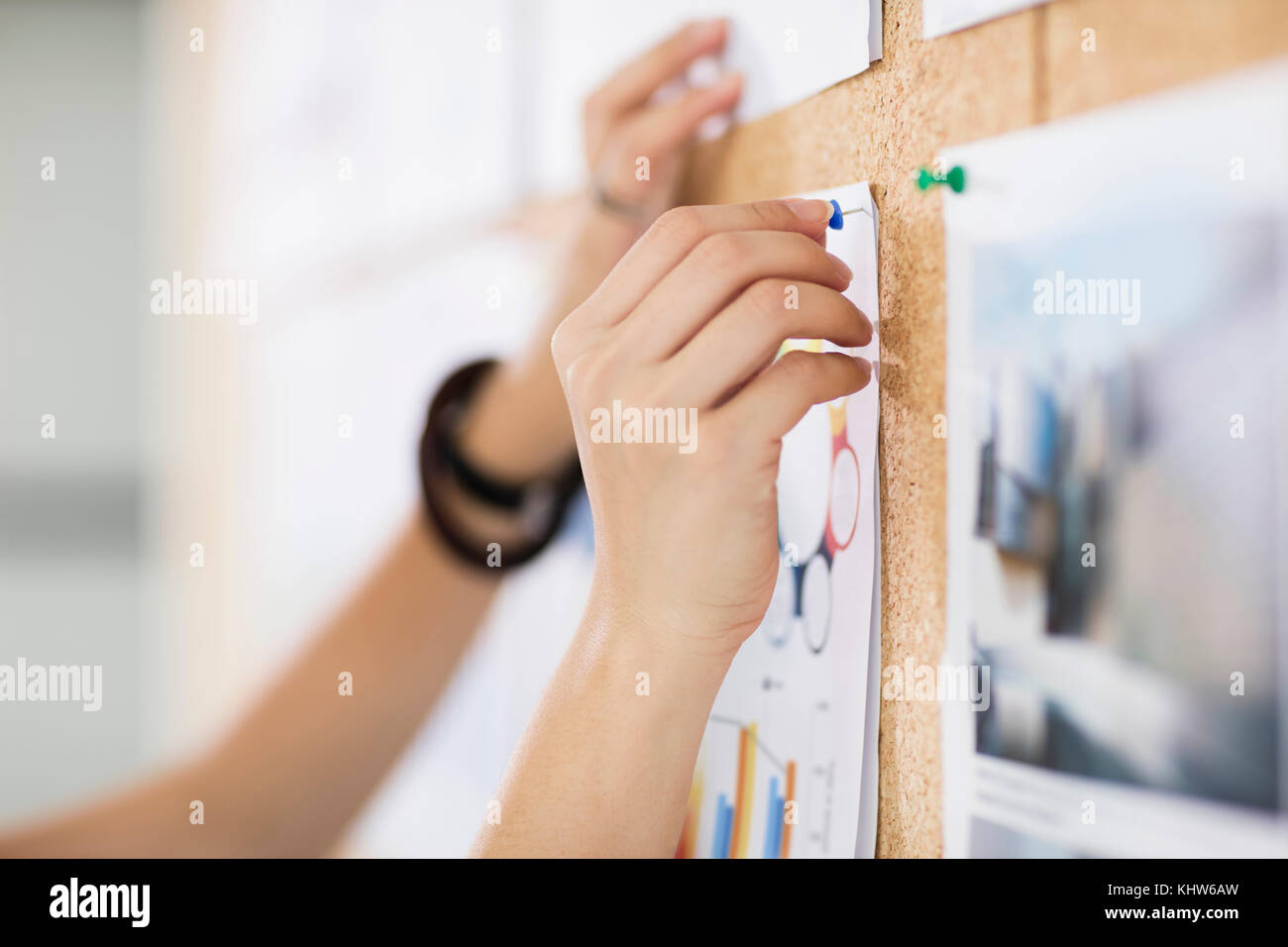 Woman pinning tableaux et graphiques en couleur Banque D'Images