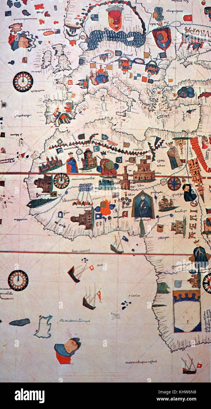 16e siècle illustrant l'Afrique et le Bassin méditerranéen par Juan de la Cosa. Juan de la Cosa (1450-1510) un navigateur espagnol et cartographe, connu pour avoir conçu la première carte du monde européen qui a incorporé les territoires des Amériques qui ont été découverts lors de la 15e siècle. En date du 15e siècle Banque D'Images
