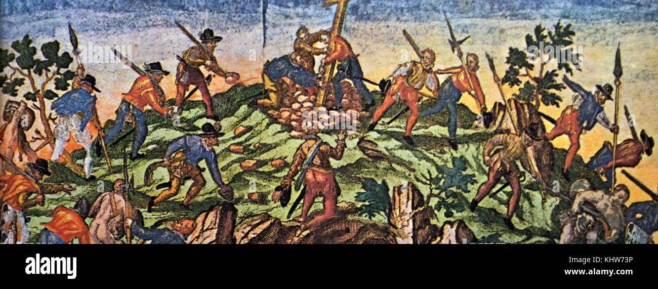 Peinture représentant Vasco Núñez de Balboa la plantation d'une croix sur l'Isthme de Panama. Vasco Núñez de Balboa (1475-1519), un explorateur espagnol, gouverneur, et conquistador. Il est surtout connu pour avoir traversé l'Isthme de Panama à l'océan Pacifique. En date du 16e siècle Banque D'Images