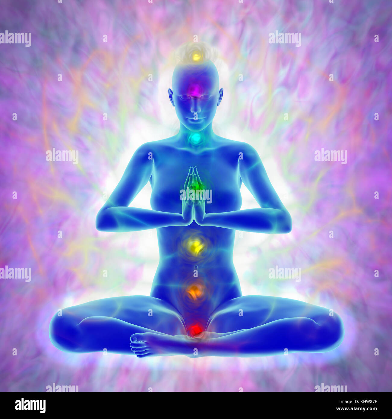 Corps énergétique humain d'ossature avec aura et chakras dans la méditation Banque D'Images
