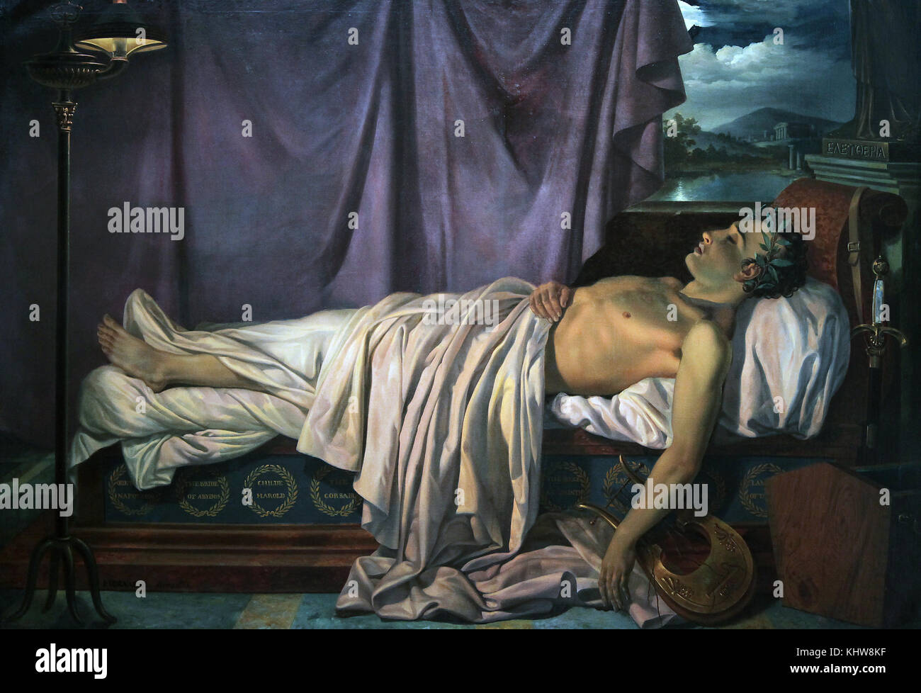 Lord Byron sur son lit de mort par Joseph Denis Odevaere peintre belge 1778-1830 Banque D'Images