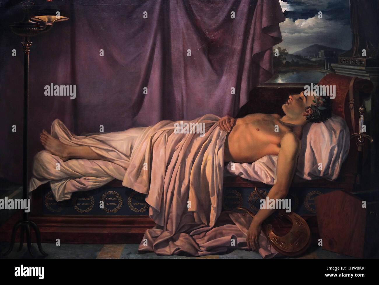 Lord Byron sur son lit de mort par Joseph Denis Odevaere peintre belge 1778-1830 Banque D'Images