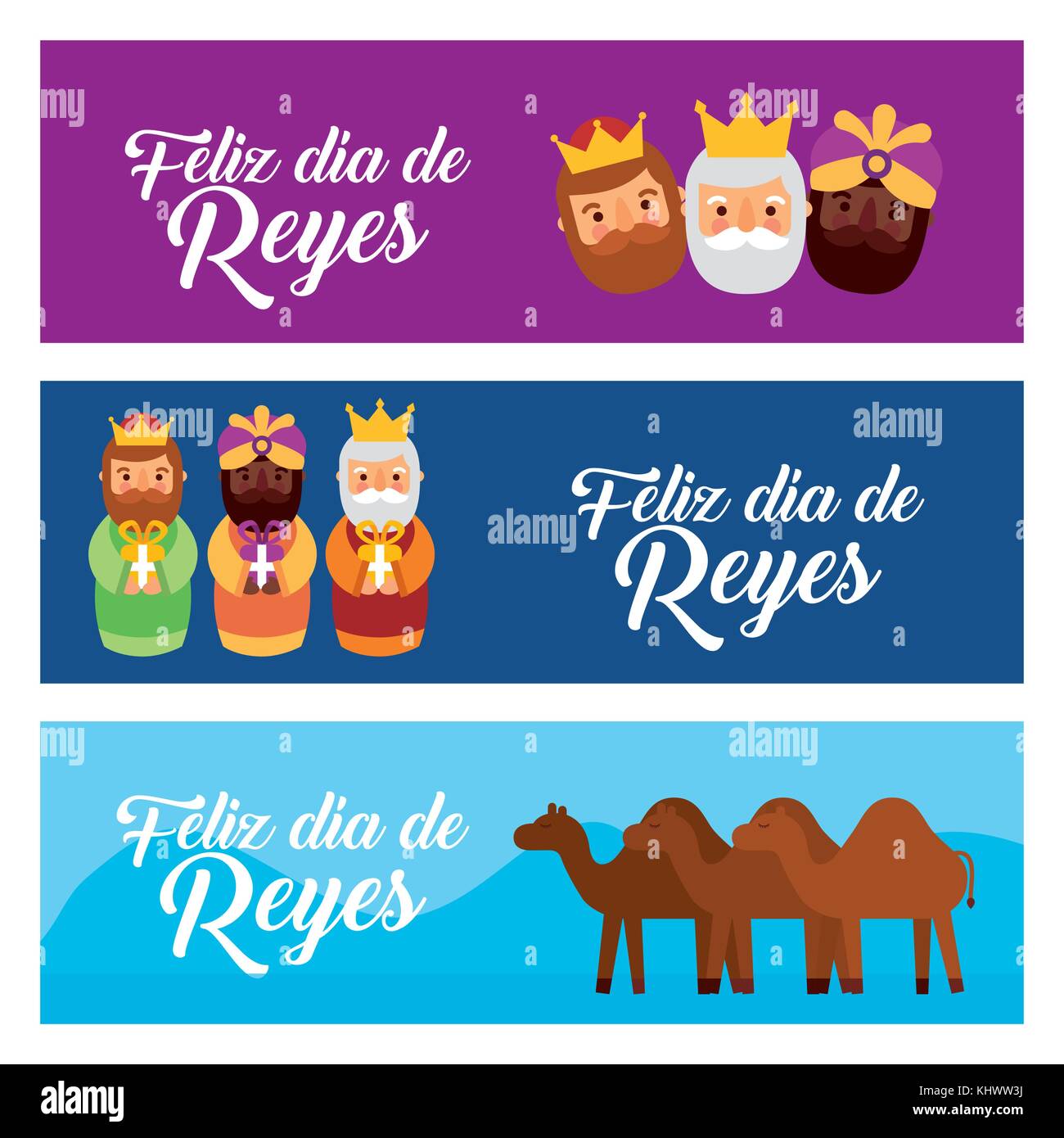 Bannières de Noël avec les trois sages et des chameaux Illustration de Vecteur