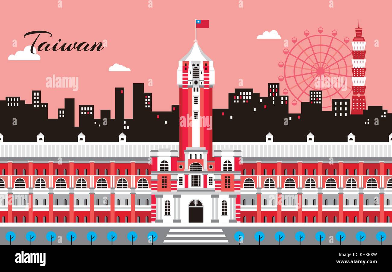 Taiwan travel concept, bureau du président et Taipei Scène de rue à plate, ton rouge Illustration de Vecteur