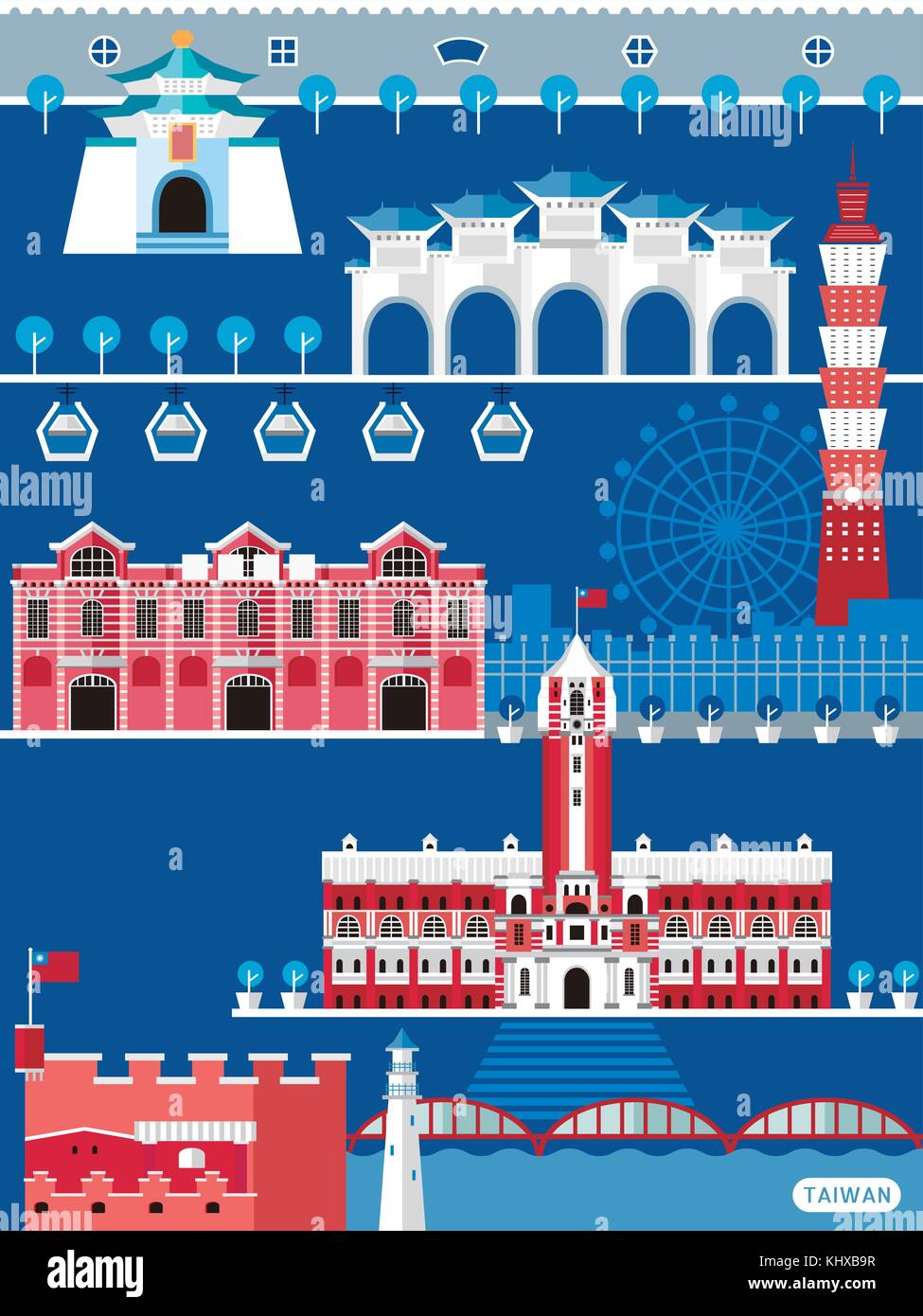Taiwan travel concept, les célèbres sites touristiques à Taipei isolé sur fond bleu, modèle plat Illustration de Vecteur
